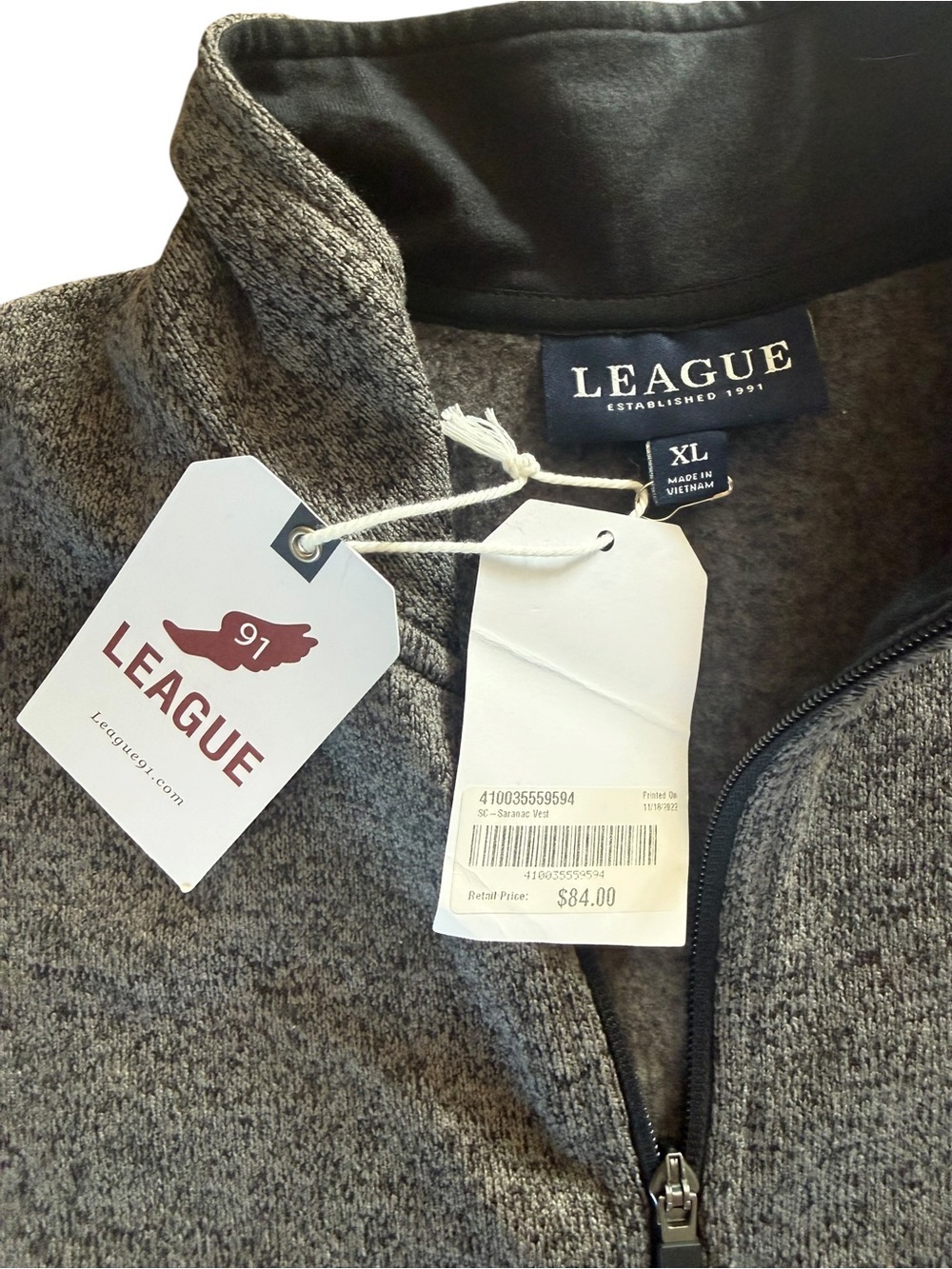 League Men’s Heather Gray Full-Zip Fleece Vest with Chest Patch - Picture 4 of 4